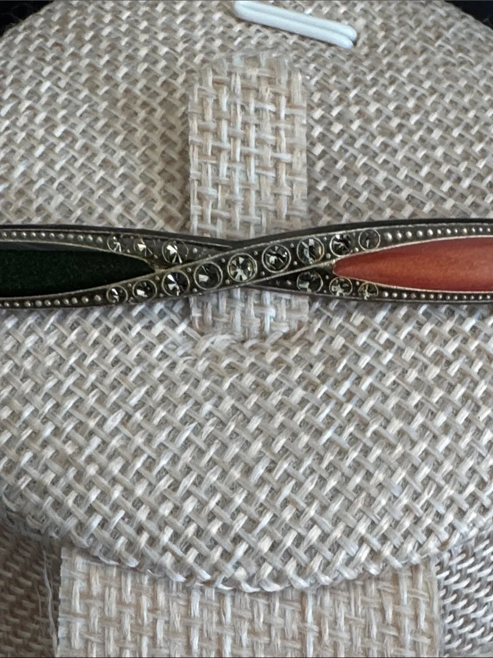 VTG Art Deco Style Marcasite Bar Brooch Pin - Silver Tone Green and Orange